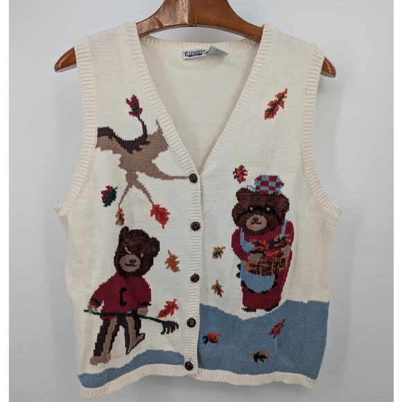 Vintage Capacity Woman 2X Knit Sweater Vest Fall Bears Leaf Scene Cottagecore - Picture 1 of 4